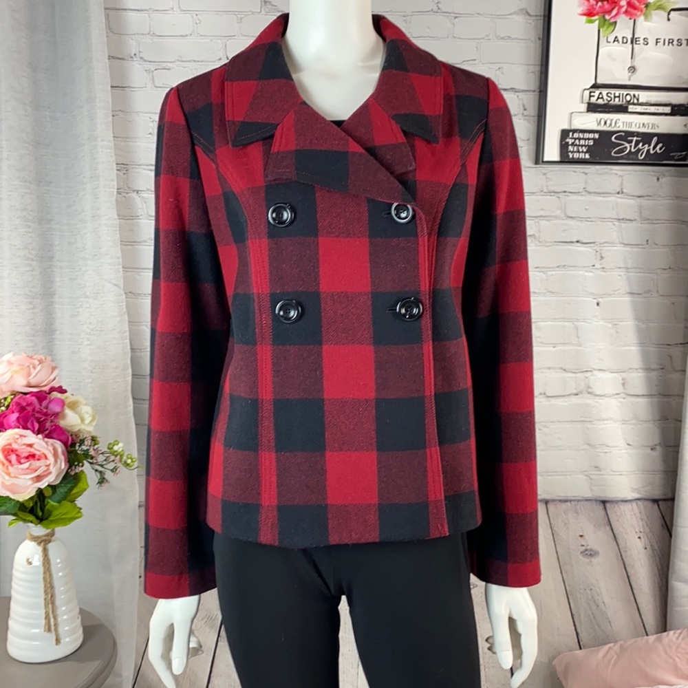 Gap 70% Recycled Wool Red/Black Plaid Coat Size: Medium - Picture 1 of 17